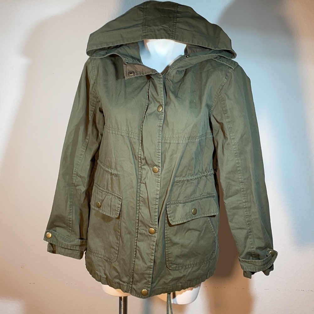 ark & co olive green, long hooded cargo jacket with a draw string waist. Medium - Picture 3 of 15